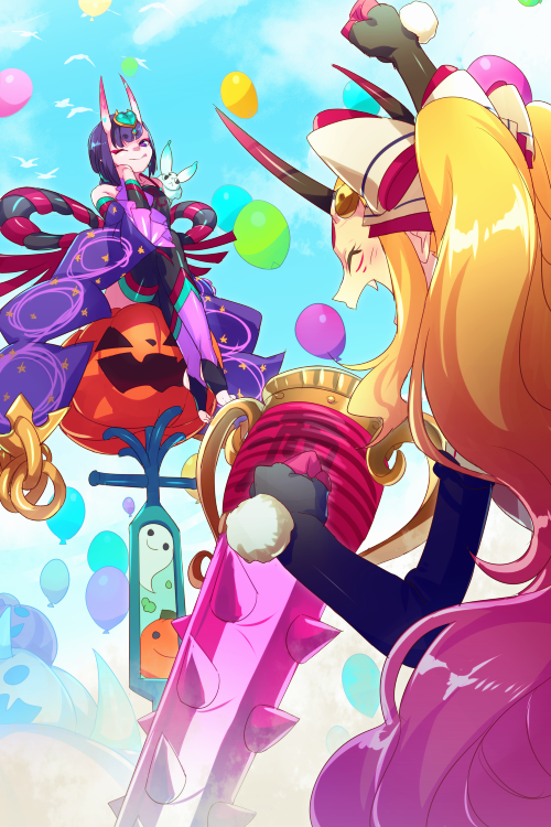 2girls animal balloon bare_shoulders black_gloves black_thighhighs blonde_hair blue_sky bow breasts chinese_clothes closed_eyes club_(weapon) detached_sleeves dudou earrings echo_(circa) elbow_gloves eyeliner facial_mark fate/grand_order fate_(series) fingerless_gloves forehead forehead_jewel forehead_mark gloves gradient_hair hair_bow hair_pulled_back haku_(fate) horns ibaraki_douji_(fate) ibaraki_douji_(swimsuit_lancer)_(fate) ibaraki_douji_(swimsuit_lancer)_(third_ascension)_(fate) jewelry kanabou long_hair low_twintails makeup multicolored_hair multiple_girls one_eye_closed oni open_mouth pink_hair pointy_ears purple_eyes purple_hair short_hair short_twintails shuten_douji_(fate) shuten_douji_(halloween_caster)_(fate) sidelocks sitting skin-covered_horns sky small_breasts smile spiked_club stirrup_legwear tattoo thighhighs toeless_legwear tongue tongue_out twintails very_long_hair weapon