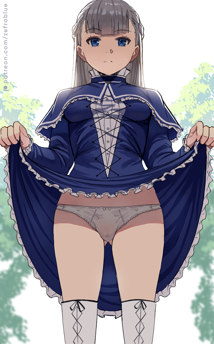 1girl ass_visible_through_thighs blue_dress blue_eyes breasts closed_mouth clothes_lift commentary dress dress_lift grey_hair highres lawine_(sousou_no_frieren) lifted_by_self looking_at_viewer medium_breasts panties patreon_username simple_background solo sousou_no_frieren standing thighhighs thighs underwear white_background white_panties white_thighhighs zefrableu