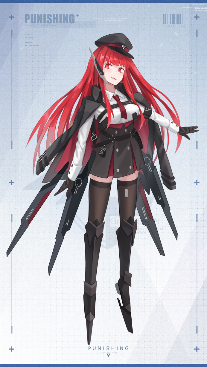 0x4682b4 1girl alternate_costume black_jacket black_skirt collared_shirt copyright_name floating floating_object floating_weapon hat highres jacket long_hair long_sleeves mechanical_hands mechanical_legs military_hat necktie peaked_cap punishing:_gray_raven red_eyes red_hair red_jacket red_necktie shirt skirt solo two-sided_fabric two-sided_jacket vera_(punishing:_gray_raven) white_hair