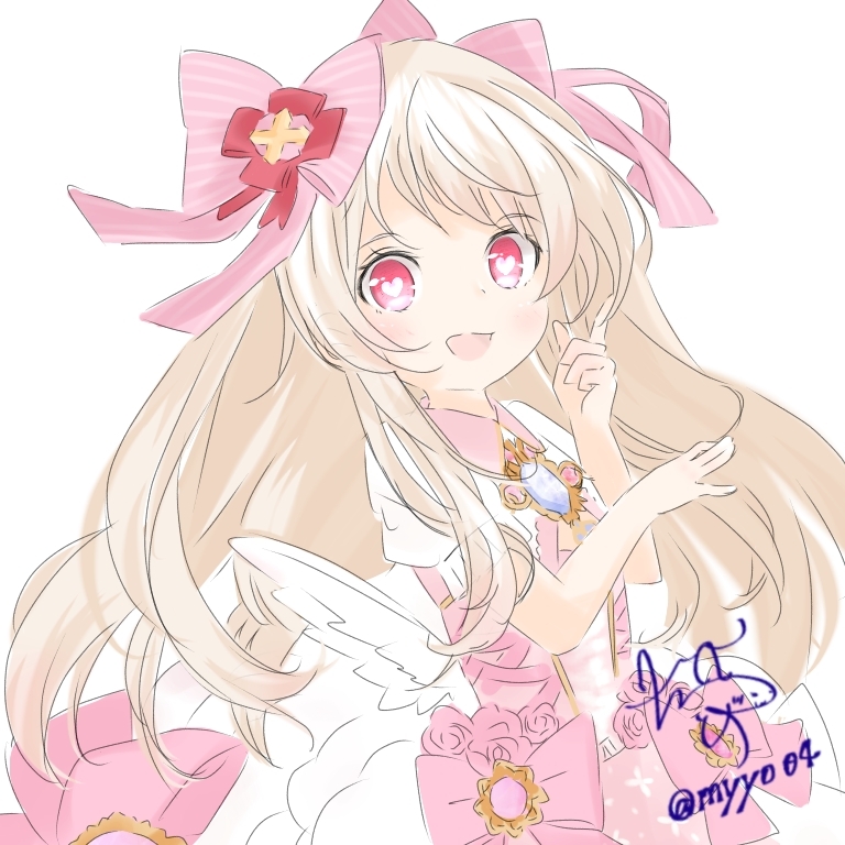 1girl blonde_hair blush chame_(myyo04) chaos_marie_(grimms_notes) cleavage_cutout clothing_cutout dress grimms_notes hair_ribbon hair_spread_out heart heart-shaped_pupils jewelry long_hair looking_at_viewer open_mouth pendant pink_eyes ribbon signature simple_background sketch smile solo symbol-shaped_pupils twitter_username white_background wings