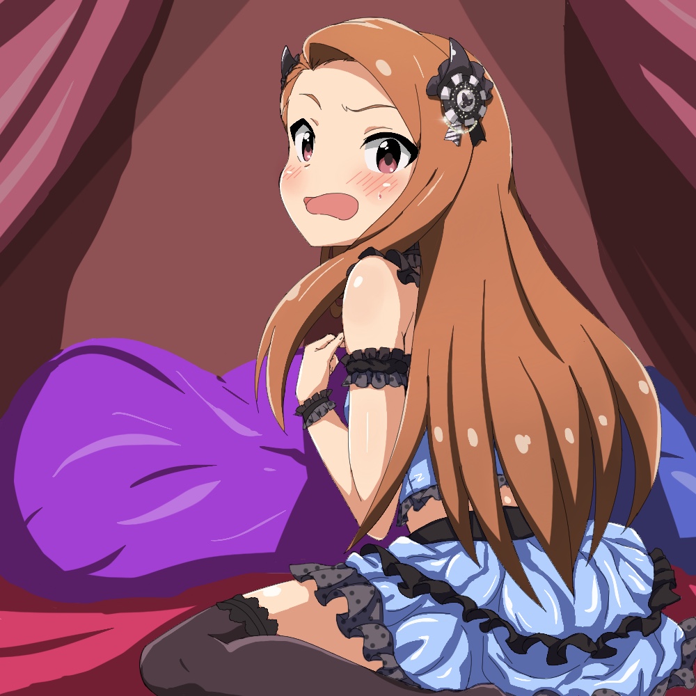 1girl bare_shoulders blush breasts brown_hair curtains embarrassed forehead frilled_skirt frilled_sleeves frills hair_ornament idolmaster idolmaster_(classic) idolmaster_million_live! idolmaster_million_live!_theater_days indoors lace_trim long_hair looking_at_viewer looking_back minase_iori nejime_(nejimeinu) open_mouth pillow polka_dot sitting skirt small_breasts solo straight_hair sweat thighhighs wariza wavy_eyebrows wavy_mouth wrist_cuffs