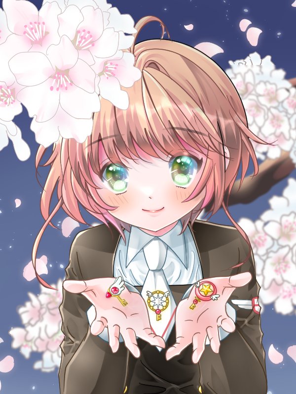 1girl ahoge blush brown_hair cardcaptor_sakura cherry_blossoms fuuin_no_tsue green_eyes hoshi_no_tsue kinomoto_sakura long_sleeves looking_at_viewer petals ryorouzuki school_uniform short_hair smile solo tomoeda_middle_school_uniform upper_body yume_no_tsue