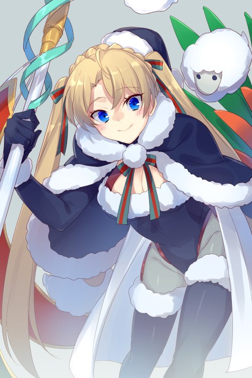 1girl blonde_hair blue_capelet blue_eyes blue_gloves blue_hat blue_leotard blush bradamante_(fate) braid breasts capelet cleavage crown_braid echo_(circa) elbow_gloves fate/grand_order fate_(series) fur-trimmed_capelet fur-trimmed_headwear fur-trimmed_thighhighs fur_trim gloves hat highleg highleg_leotard large_breasts leaning_forward leotard long_hair looking_at_viewer santa_costume santa_hat scepter sheep smile solo thighhighs thighs twintails very_long_hair