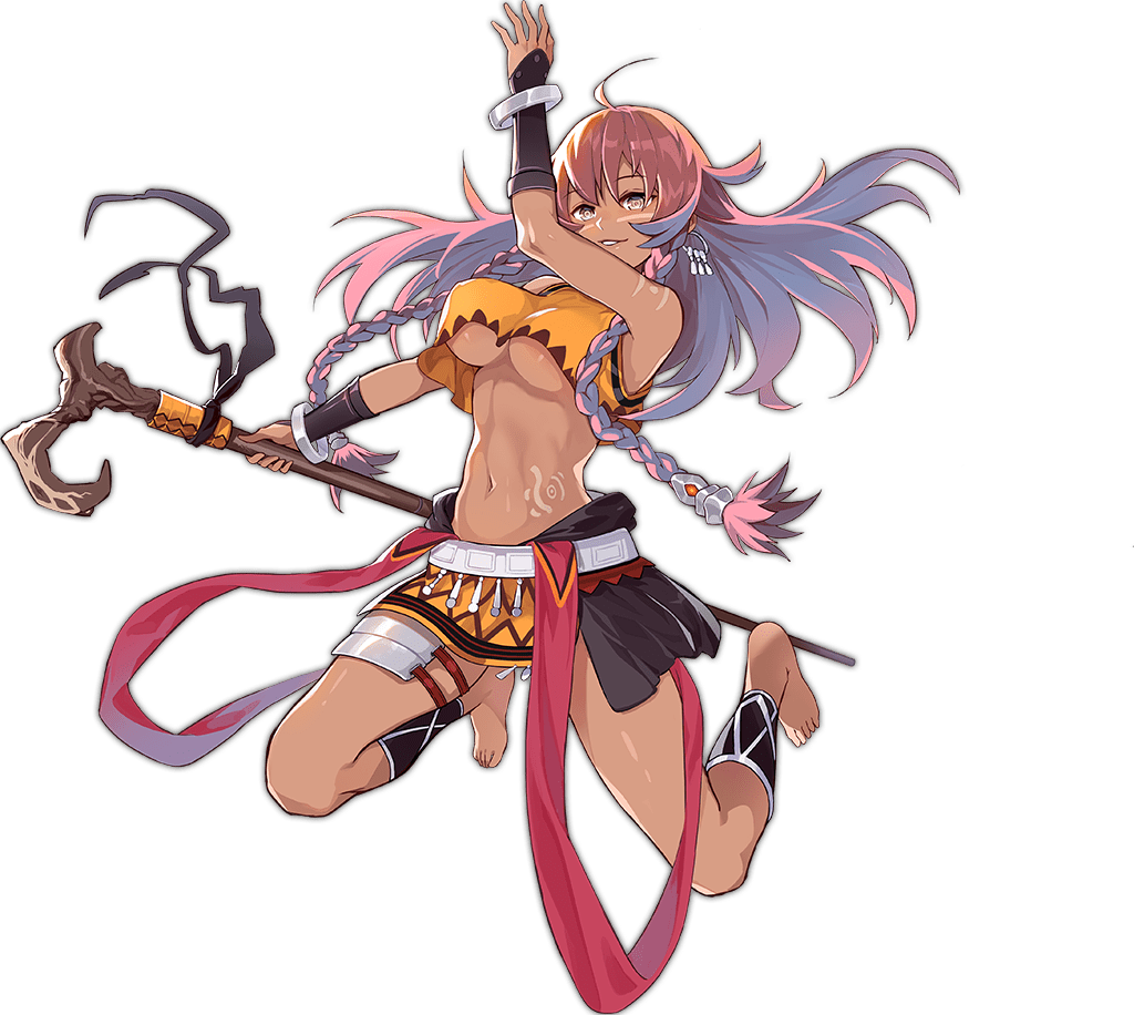 1girl ahoge ankle_wrap ark_order artist_request barefoot bracelet braid breasts cane crop_top dark-skinned_female dark_skin earrings facial_mark full_body grin holding holding_cane jewelry jumping kuafu_(ark_order) large_breasts long_hair looking_at_viewer multicolored_hair navel official_art orange_shirt orange_skirt shirt side_braid sidelocks skirt sleeveless sleeveless_shirt smile solo stomach_tattoo tachi-e tattoo thigh_strap transparent_background tribal twin_braids underboob yellow_eyes
