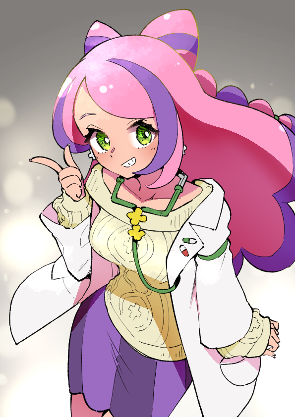 1girl blush bow-shaped_hair breasts collarbone earrings flower_earrings gomomo00 green_eyes index_finger_raised jewelry lab_coat long_hair long_sleeves medium_breasts miriam_(pokemon) multicolored_hair off-shoulder_sweater off_shoulder pencil_skirt pink_hair pokemon pokemon_sv purple_hair purple_skirt school_nurse skirt solo stethoscope streaked_hair striped_clothes striped_skirt sweater swept_bangs yellow_nails yellow_sweater