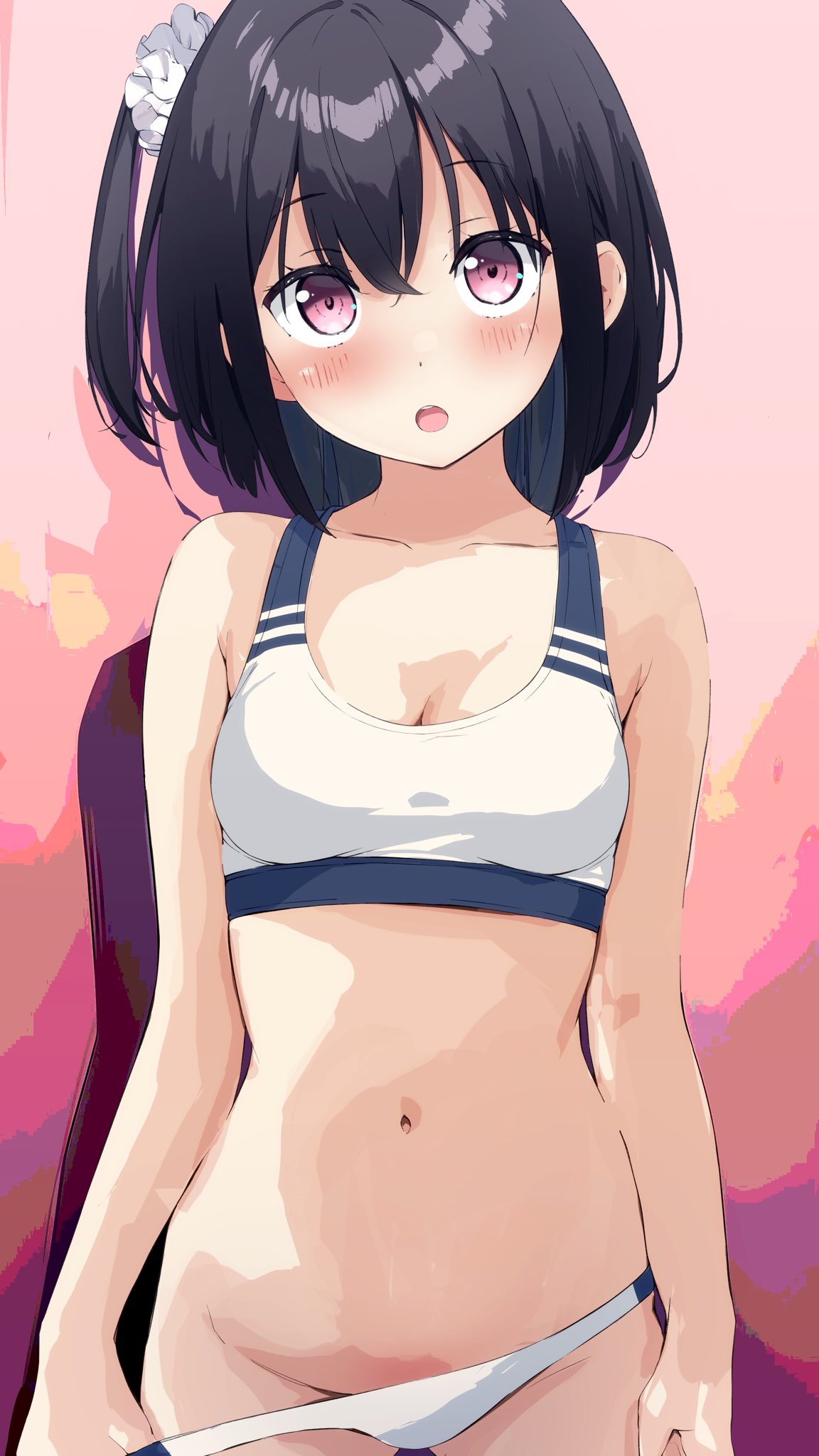 bikini_bottom_pull bikini_pull black_hair blush breasts clothes_pull collarbone cowboy_shot gradient_background hair_ornament hair_scrunchie head_tilt highres miyuki_(yxbt7) navel open_mouth original purple_eyes scrunchie shizuku_(kantoku) side_ponytail simple_background small_breasts solo sports_bikini sports_swimsuit swimsuit