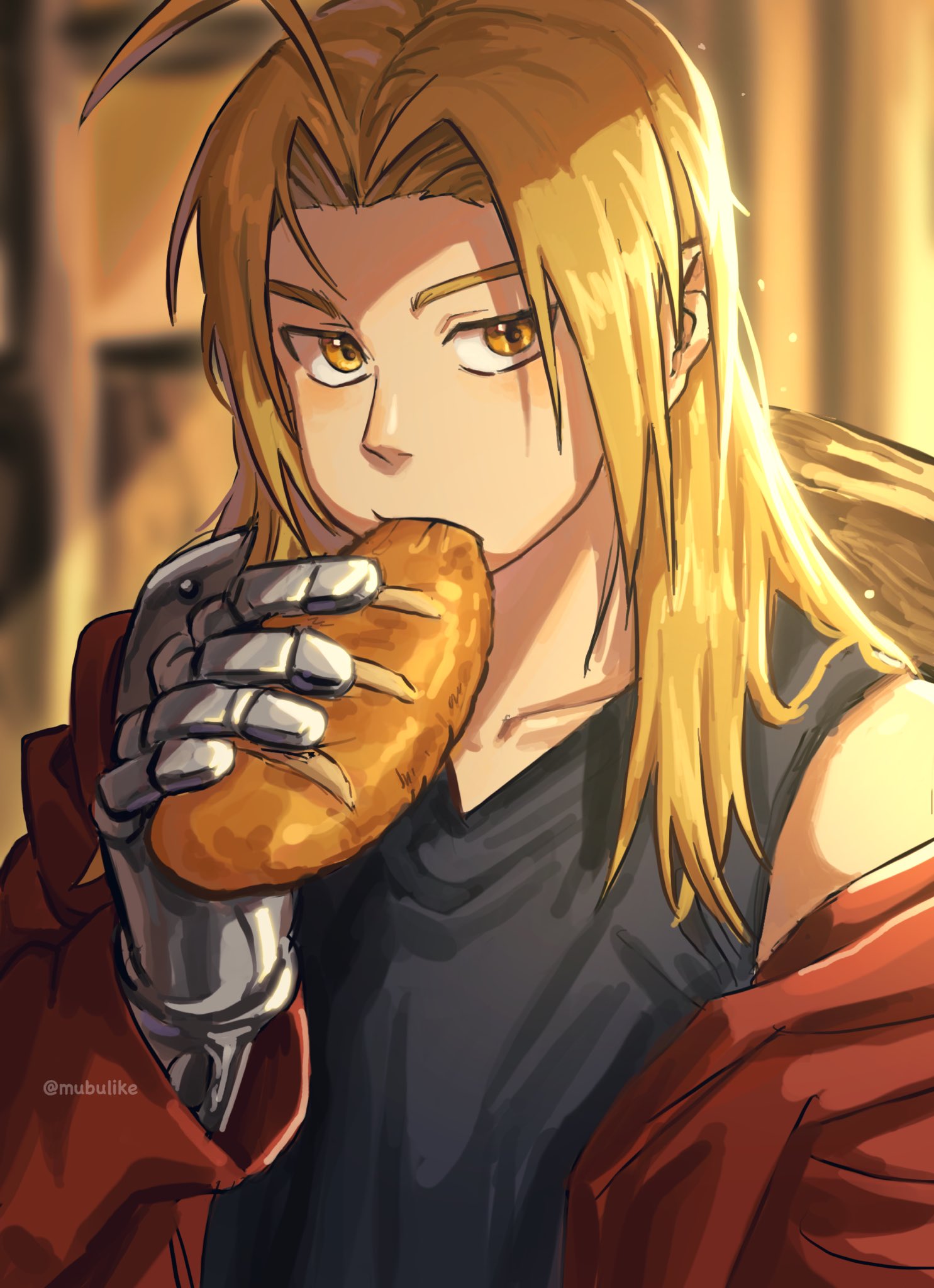 1boy automail black_shirt blonde_hair bread eating edward_elric food food_in_mouth fullmetal_alchemist highres holding holding_food jacket long_hair looking_at_viewer male_focus mechanical_arms namo_(mubulike) off_shoulder open_clothes open_jacket prosthesis prosthetic_arm red_jacket shirt single_mechanical_arm sleeveless sleeveless_shirt solo twitter_username yellow_eyes