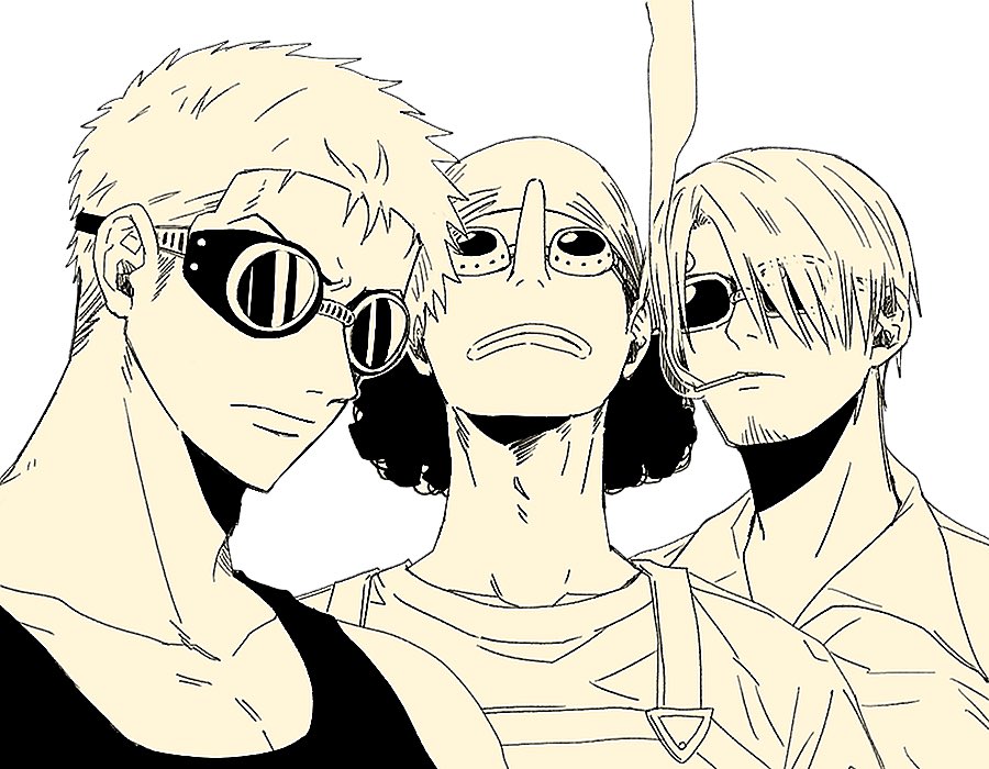 3boys afro cigarette closed_mouth collared_shirt commentary enahr_1111 facial_hair goatee goggles greyscale hair_over_one_eye long_nose looking_at_viewer male_focus monochrome multiple_boys one_piece overalls roronoa_zoro sanji_(one_piece) shirt smoke tank_top upper_body usopp v-shaped_eyebrows