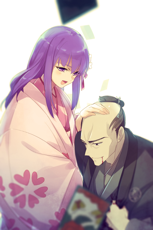 1boy 1girl bald_spot black_eyes black_hair blood blush breasts card echo_(circa) fate/grand_order fate_(series) grey_kimono hanafuda japanese_clothes kasuga_no_tsubone_(fate) kimono long_hair long_sleeves matsudaira_nobutsuna_(fate) pink_kimono purple_eyes purple_hair sidelocks smile wide_sleeves