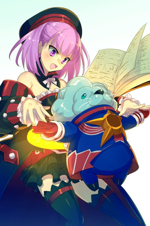 1boy 1girl bare_shoulders black_coat black_dress black_hat black_thighhighs blue_eyes blush book breasts chibi coat detached_collar dress echo_(circa) fate/grand_order fate_(series) hat helena_blavatsky_(fate) lion_boy long_sleeves off_shoulder open_clothes open_coat open_mouth purple_eyes purple_hair short_dress short_hair small_breasts smile thighhighs thighs thomas_edison_(fate)