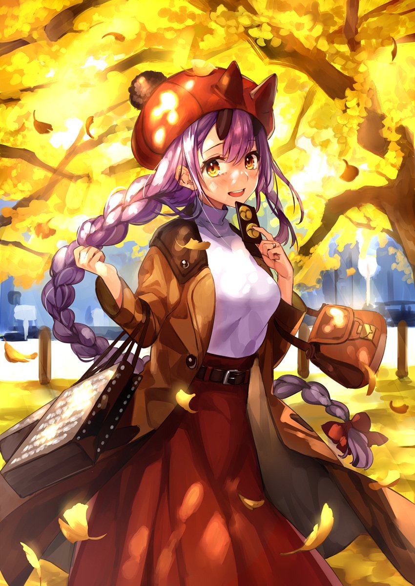 alternate_costume autumn_leaves bag bangs belt belt_buckle blonde_hair blush bow braid breasts brown_coat buckle casual coat commentary_request dappled_sunlight day falling_leaves fate/grand_order fate_(series) feet_out_of_frame ginkgo_leaf hair_bow handbag hands_up hat highres holding jewelry leaf long_hair long_skirt long_sleeves looking_at_viewer medium_breasts oni_horns open_clothes open_coat outdoors park purple_hair red_bow red_hat red_skirt ring round_teeth shirt shopping_bag single_braid skirt solo sunlight teeth tomoe_gozen_(fate/grand_order) tree upper_teeth user_fvsd2278 very_long_hair white_shirt