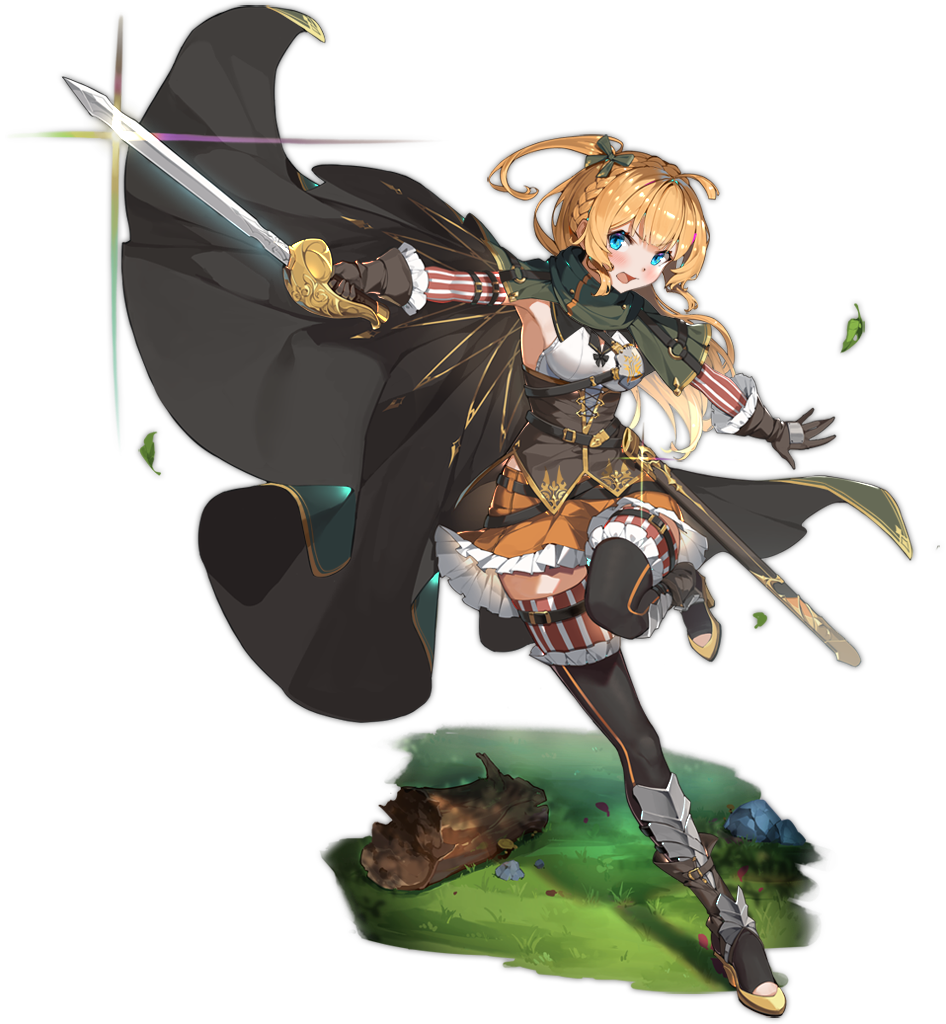 1girl ark_order armpits artist_request black_cape black_footwear blonde_hair blue_eyes blush boots bow braid breasts brown_corset brown_gloves brown_thighhighs cape corset elbow_gloves faux_figurine fighting_stance frilled_footwear frilled_gloves frilled_skirt frills full_body gloves gold_trim grass green_bow hair_bow hair_ornament high_heel_boots high_heels holding holding_sword holding_weapon incoming_attack large_breasts leaf leg_up log long_hair looking_at_viewer official_art one_side_up open_mouth orange_skirt percival_(ark_order) pleated_skirt running sheath shirt sideboob skirt solo striped_clothes striped_thighhighs sword thigh_boots thigh_strap thighhighs transparent_background unsheathed weapon white_shirt white_thighhighs zettai_ryouiki