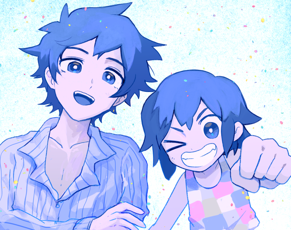 2boys aqua_background bare_arms blue_eyes blue_hair blue_pajamas bright_pupils brothers buttons checkered_clothes checkered_shirt child clenched_hand collarbone collared_shirt colored_skin confetti g_tsurius grin hair_behind_ear hair_between_eyes hand_on_own_arm hero_(headspace)_(omori) hero_(omori) kel_(headspace)_(omori) kel_(omori) looking_at_viewer multiple_boys omori one_eye_closed pajamas purple_skin shirt short_hair siblings simple_background smile striped_clothes striped_pajamas striped_shirt tank_top teeth upper_body upper_teeth_only v-shaped_eyebrows vertical-striped_clothes vertical-striped_pajamas vertical-striped_shirt white_background white_pajamas white_pupils