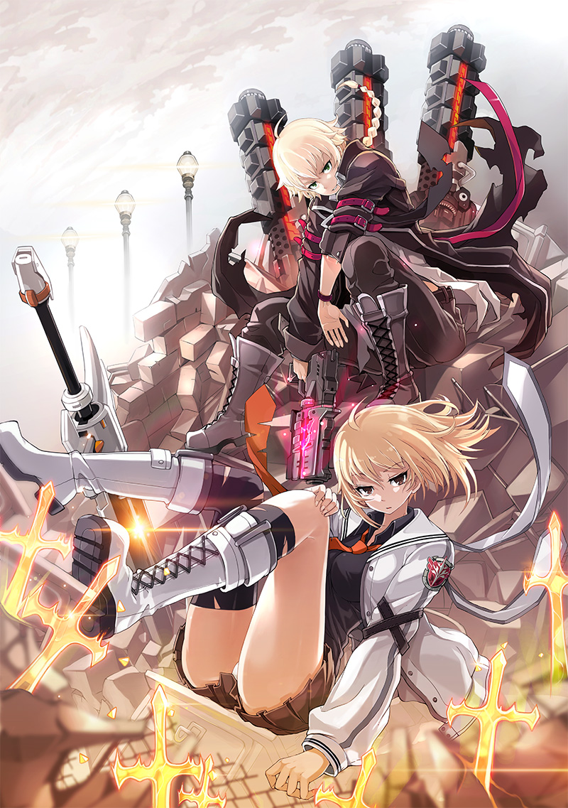 1boy 1girl ahoge asymmetrical_legwear black_jacket black_pants black_shirt blonde_hair brown_eyes brown_skirt cross-laced_footwear green_eyes gun haru_estia holding holding_gun holding_weapon jacket looking_at_viewer miniskirt necktie official_art orange_necktie panties pants panty_peek pantyshot shirt skirt soulworker underwear weapon white_footwear white_jacket