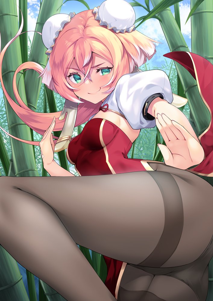 1girl alternate_costume ass bamboo bamboo_forest black_panties breasts closed_mouth detached_sleeves forest genshin_impact green_eyes hair_between_eyes hair_ornament long_hair looking_at_viewer multicolored_hair nature panties pantyhose pink_hair small_breasts smile solo thighs underwear white_hair white_sleeves yanfei_(genshin_impact) zenzai_tarou
