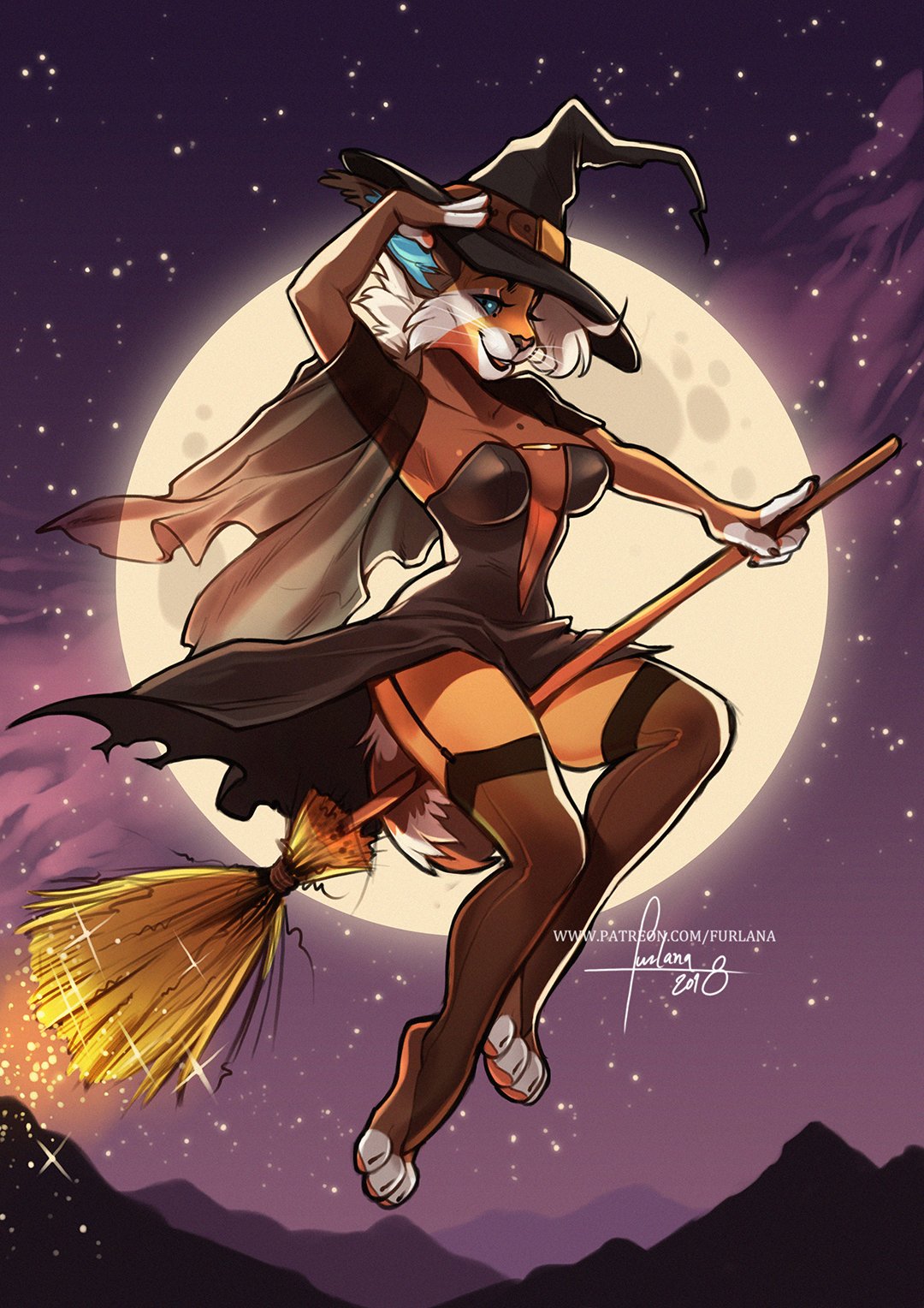 anthro blue_eyes breasts broom broom_riding cleavage clothed clothing digital_media_(artwork) dress feline female furlana garter_straps halloween hat hi_res holidays legwear lynx magic_user mammal moon night outside red_panda shawl sky smile solo star starry_sky stockings thigh_highs witch witch_hat
