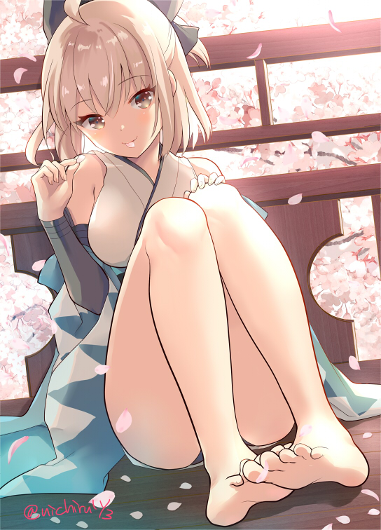 ahoge barefoot blonde_hair breasts brown_eyes cherry_blossoms fate_(series) koha-ace looking_at_viewer nichiru okita_souji_(fate) okita_souji_(fate)_(all) petals shinsengumi sitting smile solo