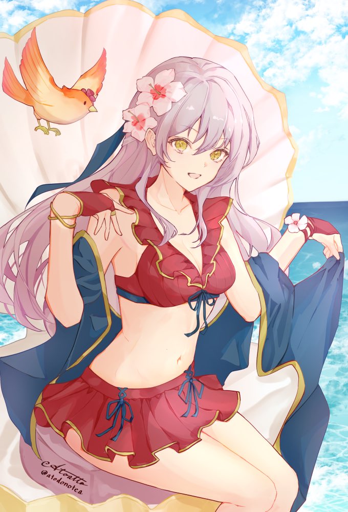 1girl atoatto bare_shoulders bikini bikini_skirt bird blue_scarf breasts clam_shell cleavage collarbone commission fingerless_gloves fire_emblem fire_emblem:_radiant_dawn fire_emblem_heroes flower front-tie_top gloves grey_hair hair_flower hair_ornament hair_ribbon half_updo long_hair medium_breasts micaiah_(fire_emblem) micaiah_(summer)_(fire_emblem) navel official_alternate_costume open_mouth plumeria red_bikini red_gloves ribbon scarf signature skeb_commission smile solo swimsuit twitter_username yellow_eyes yune_(fire_emblem)