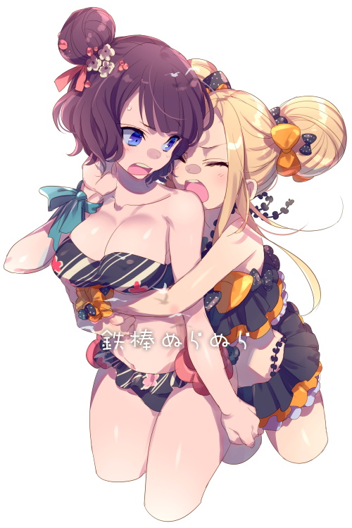 2girls abigail_williams_(emerald_float)_(fate) abigail_williams_(fate) bare_shoulders bikini black_bikini black_bow black_skirt blonde_hair blue_eyes blush bow breasts cleavage closed_eyes collarbone double_bun echo_(circa) fate/grand_order fate_(series) floral_print forehead frilled_bikini frills hair_bow hair_bun hair_ornament hairpin hug katsushika_hokusai_(fate) katsushika_hokusai_(painting_summer)_(fate) large_breasts long_hair looking_back microskirt multiple_girls navel octopus open_mouth orange_bow parted_bangs purple_hair short_hair skirt small_breasts swimsuit thighs tokitarou_(fate) translation_request