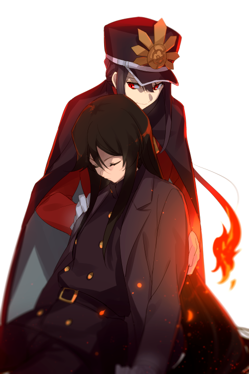 1boy 1girl belt black_cape black_hair black_hat black_jacket black_pants breasts brother_and_sister buttons cape echo_(circa) fate/grand_order fate_(series) fiery_hair gloves gun hat jacket koha-ace long_hair long_sleeves oda_nobukatsu_(fate) oda_nobunaga_(fate) oda_uri pants peaked_cap ponytail red_eyes red_jacket rifle siblings sidelocks small_breasts solo very_long_hair weapon white_gloves