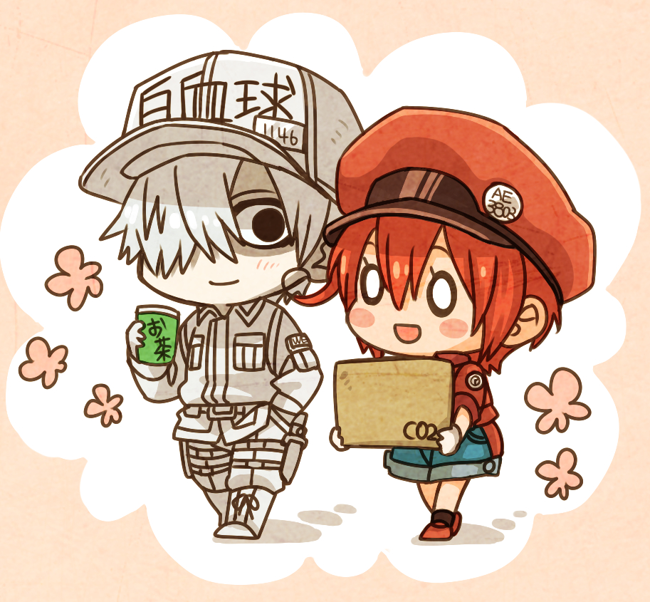 1girl ae-3803 ahoge baseball_cap black_eyes blank_eyes blush_stickers box cabbie_hat chibi collared_shirt cup denim denim_shorts flower hair_between_eyes hair_over_one_eye hand_in_pocket hat hataraku_saibou holster jacket looking_at_another misuki_op1155 name_tag open_mouth pants pink_background red_blood_cell_(hataraku_saibou) red_footwear red_hair red_hat red_jacket shirt shoes short_hair shorts simple_background smile thigh_holster two-tone_background u-1146 walking white_background white_blood_cell_(hataraku_saibou) white_footwear white_hair white_hat white_pants white_shirt