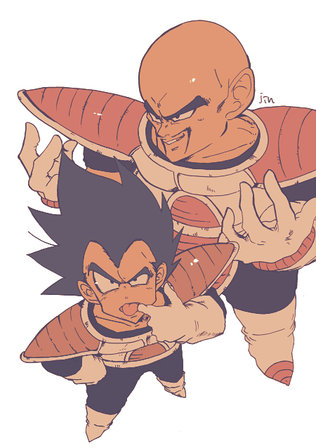 :p armor bald black_hair boots dragon_ball dragon_ball_z evil_smile facial_hair from_above frown full_body gloves hand_on_hip hands_up height_difference looking_at_viewer looking_away male_focus multiple_boys mustache nappa short_hair simple_background smile spiked_hair teeth tongue tongue_out vegeta white_background white_gloves