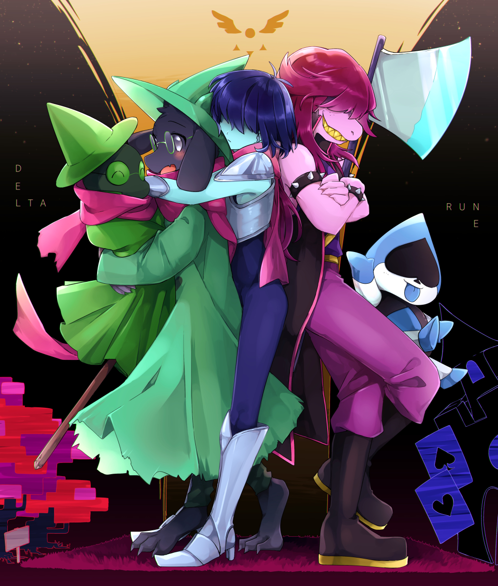 1boy 1girl 1other androgynous animal_ears armlet armor black_hair blue_hair blue_skin closed_mouth colored_skin copyright_name crossed_arms deltarune full_body furry furry_female furry_male goat_boy goat_ears green-framed_eyewear hair_over_eyes highres hug hug_from_behind jevil kris_(deltarune) leftporygon long_hair pink_scarf pink_skin purple_hair ralsei scarf sharp_teeth short_hair spiked_armlet standing studded_armlet susie_(deltarune) teeth yellow_teeth