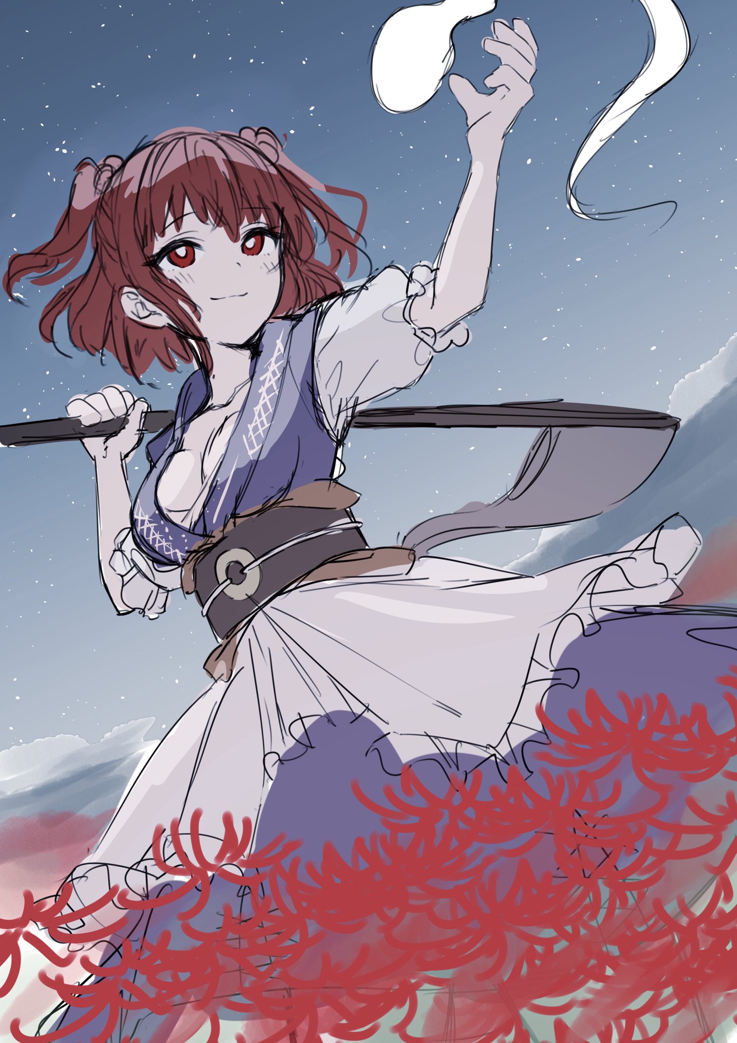 1girl blue_dress breasts cleavage closed_mouth coin commentary_request dress flower ghost hair_bobbles hair_ornament highres holding holding_scythe obi onozuka_komachi outdoors red_eyes red_hair sash scythe sketch sky solo spider_lily star_(sky) starry_sky touhou two_side_up wanko_sora