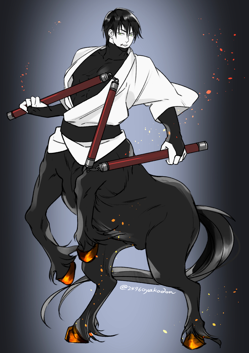 1boy 2496oyakodon black_hair centaur embers fushiguro_touji greyscale jujutsu_kaisen light_smile looking_at_viewer male_focus mature_male monochrome monsterification pectorals scar scar_on_face scar_on_mouth short_hair smile solo spot_color taur weapon_request