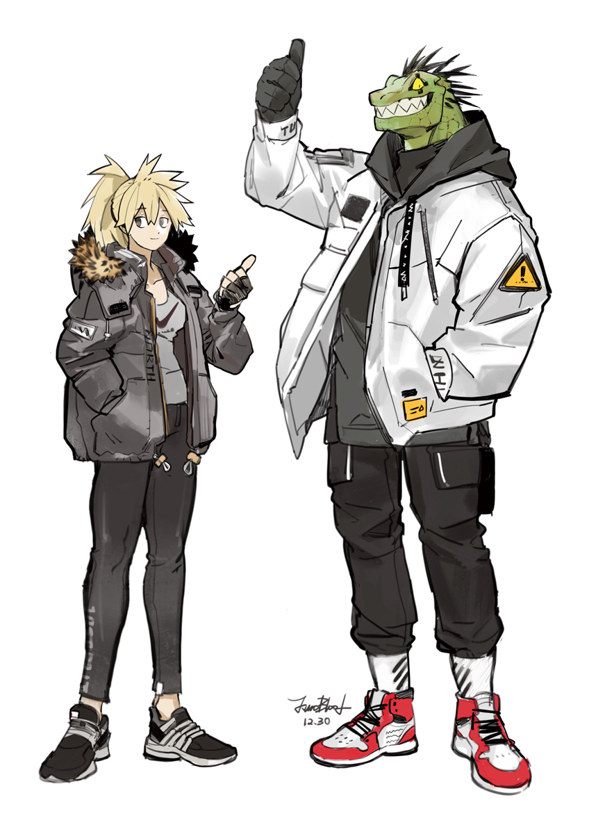 ! anthro blonde_hair clothed clothing duo female footwear fully_clothed green_scales grin hair human jacket kuroblood lizard male mammal reptile scales scalie sharp_teeth shoes simple_background size_difference smile spikes teeth thumbs_up white_background yellow_eyes