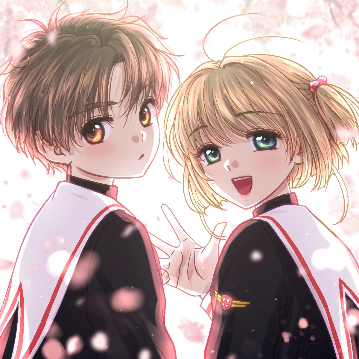 1boy 1girl antenna_hair blush brown_eyes brown_hair cardcaptor_sakura cherry_blossoms green_eyes hair_bobbles hair_ornament heeragijawa highres kinomoto_sakura li_syaoran looking_at_viewer open_mouth petals school_uniform short_hair smile tomoeda_middle_school_uniform upper_body waving