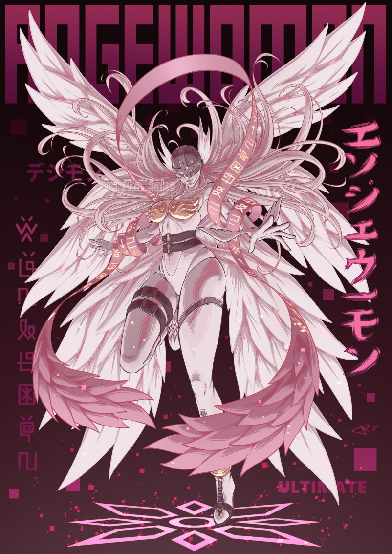 angel_wings angewomon armor asymmetrical_legwear bare_shoulders blonde_hair breastplate breasts character_name clothing_cutout covered_eyes digimoji digimon digimon_(creature) digimon_adventure feathered_wings helmet helmet_over_eyes large_breasts leg_belt long_hair multiple_wings o-ring pink_background pink_ribbon pink_theme ribbon stomach_cutout twitter_username uchiha_jake white_wings wings