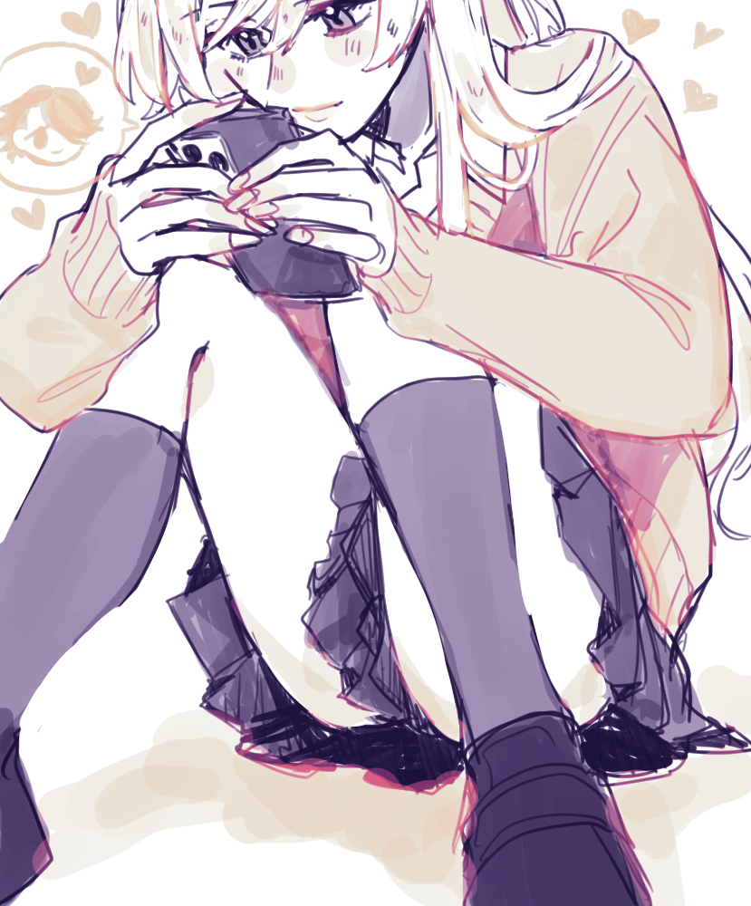 1girl azuma_(magi-inazuma) black_footwear black_skirt black_socks blush brown_sweater cellphone closed_mouth commentary_request heart holding holding_phone implied_yuri long_hair long_sleeves original phone pleated_skirt sitting skirt smartphone smile socks solo sweater upskirt