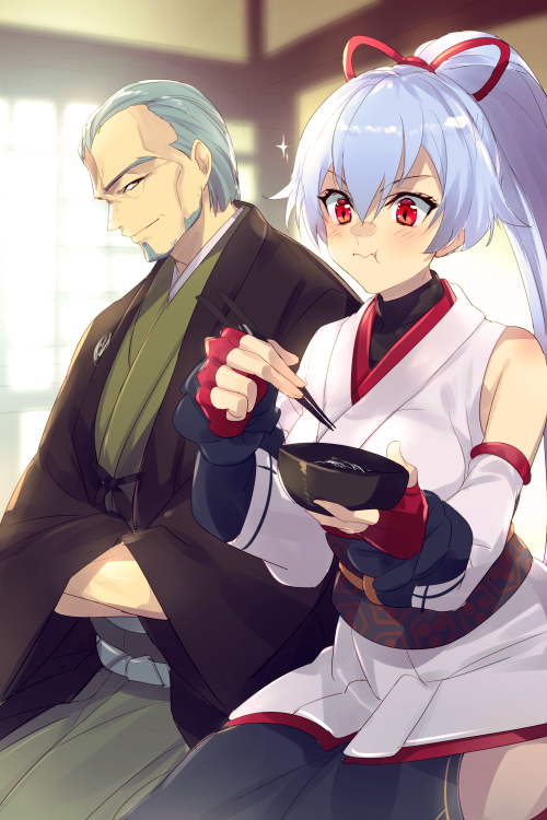 1boy 1girl beard blue_hakama blush bowl breasts brown_eyes brown_kimono chopsticks crossed_arms detached_sleeves eating echo_(circa) facial_hair fate/grand_order fate_(series) fingerless_gloves food gloves goatee grey_hair hair_between_eyes hakama hakama_pants haori hip_vent japanese_clothes kimono large_breasts long_hair long_sleeves obi old old_man pants ponytail red_eyes red_gloves sash seiza short_hair short_kimono single_sleeve sitting tomoe_gozen_(fate) white_hair white_kimono wide_sleeves yagyuu_munenori_(fate)