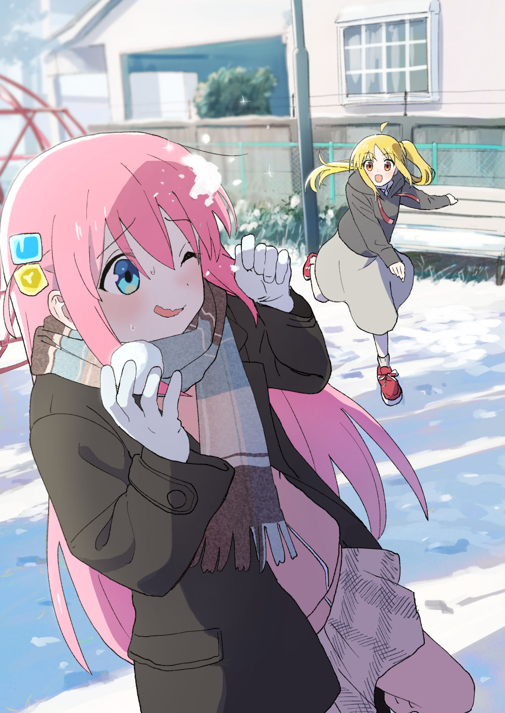 2girls ahoge alternate_costume bench blonde_hair blue_eyes bocchi_the_rock! cube_hair_ornament detached_ahoge gloves gotoh_hitori hair_ornament highres holding_snowball hood hood_down hoodie ijichi_nijika jacket lamppost long_hair long_skirt multiple_girls one_eye_closed open_clothes open_jacket pink_hair pink_track_suit playground ponytail red_eyes red_footwear scarf side_ahoge side_ponytail skirt snow snowball snowball_fight sweat sweatdrop tadano_natsu track_suit white_gloves