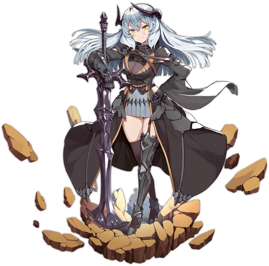 1girl ark_order armored_boots artist_request asymmetrical_footwear black_jacket black_shirt boots breasts brown_thighhighs cleavage closed_mouth clothing_cutout full_body garter_straps gauntlets goll_mac_morna_(ark_order) grey_hair grey_skirt high_heel_boots high_heels horns jacket large_breasts long_hair long_sleeves looking_at_viewer mismatched_footwear official_art planted planted_sword pleated_skirt rock see-through see-through_shirt shirt side_cutout sidelocks single_boot single_garter_strap single_thigh_boot skirt smile solo sword tachi-e thigh_boots thighhighs transparent_background weapon yellow_eyes