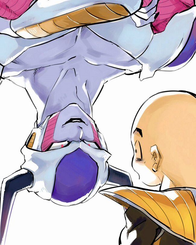 akame_(chokydaum) armor bald crossed_arms d: dragon_ball dragon_ball_z evil_smile eye_contact fingernails frieza horns kuririn looking_at_another male_focus multiple_boys nervous open_mouth profile red_eyes scared shocked_eyes simple_background smile sweatdrop upside-down white_background