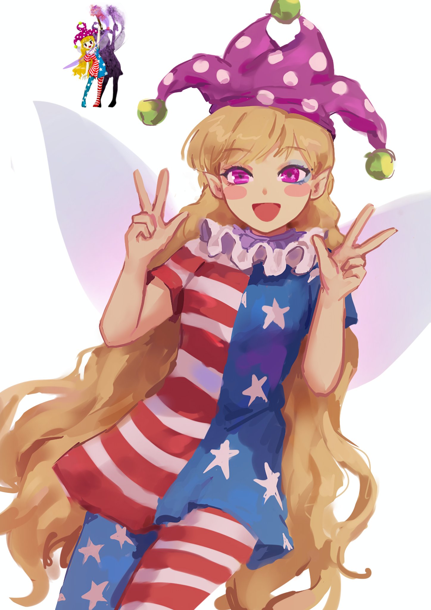 1girl :d american_flag_dress american_flag_legwear blonde_hair clownpiece commentary double_w english_commentary hat highres himuhino jester_cap long_hair looking_at_viewer neck_ruff open_mouth pink_eyes pointy_ears reference_inset short_sleeves simple_background smile touhou very_long_hair w white_background wings