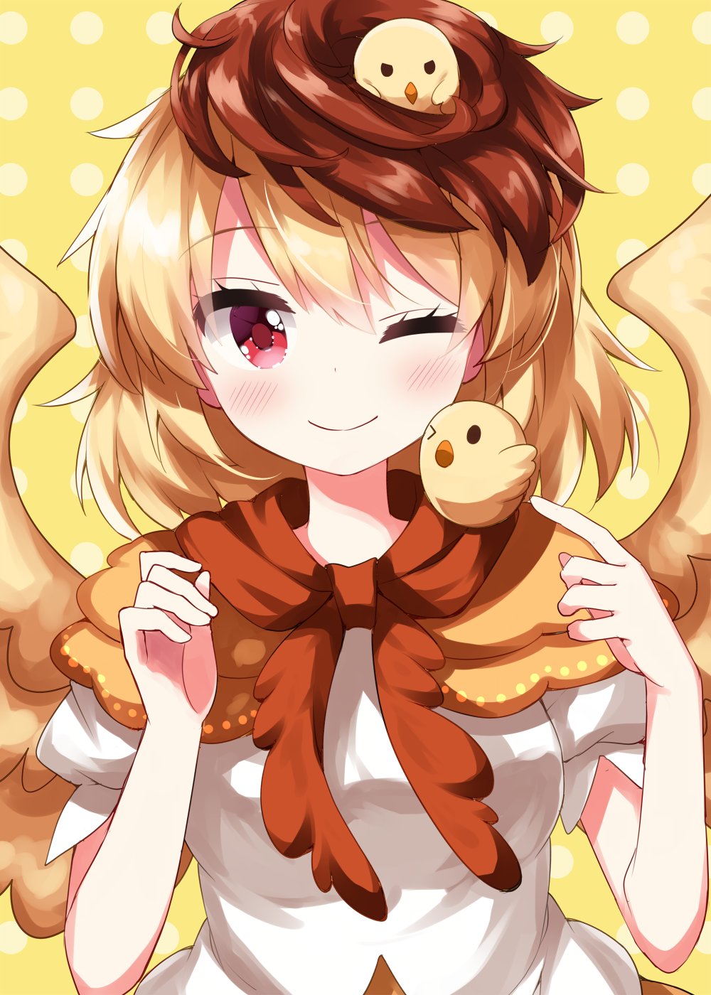 1girl animal_on_head bird bird_on_head bird_wings blonde_hair chick closed_mouth dress feathered_wings happy highres neckerchief niwatari_kutaka on_head one_eye_closed orange_dress polka_dot polka_dot_background puffy_short_sleeves puffy_sleeves red_eyes red_neckerchief ruu_(tksymkw) shirt short_sleeves smile solo touhou white_shirt wings yellow_background yellow_wings