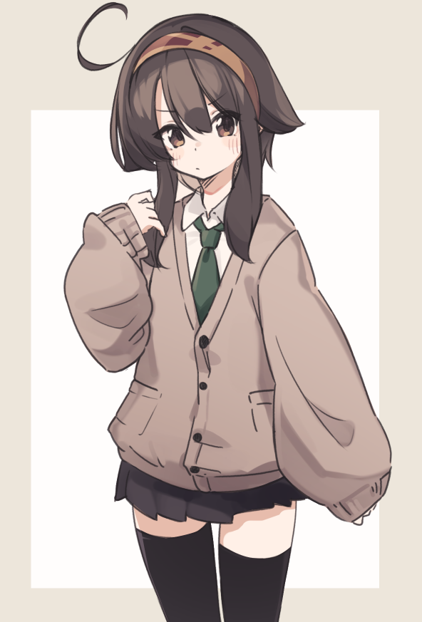 1girl black_skirt black_thighhighs blush brown_background brown_cardigan brown_eyes brown_hair brown_hairband cardigan closed_mouth collared_shirt commentary_request green_necktie hair_between_eyes hairband hand_up long_hair long_sleeves looking_at_viewer natsuki_teru necktie original pleated_skirt puffy_long_sleeves puffy_sleeves shikibe_ayaka shirt skirt sleeves_past_wrists solo standing thighhighs two-tone_background v-shaped_eyebrows white_background white_shirt