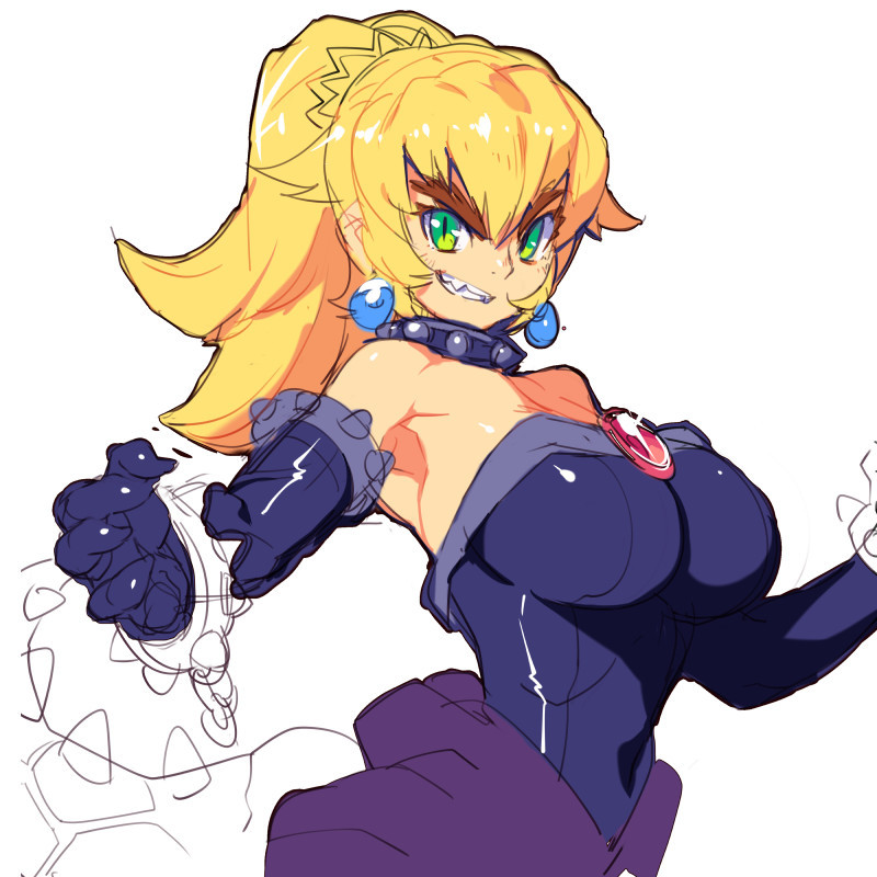 bare_shoulders black_gloves blonde_hair bowsette bracelet breasts collar commentary_request dress earrings elbow_gloves gloves green_eyes hair_between_eyes jewelry large_breasts looking_at_viewer mario_(series) metata new_super_mario_bros._u_deluxe no_hat no_headwear ponytail sharp_teeth simple_background sketch sleeveless smile solo spiked_armlet spiked_bracelet spiked_collar spikes strapless strapless_dress teeth unfinished upper_body white_background