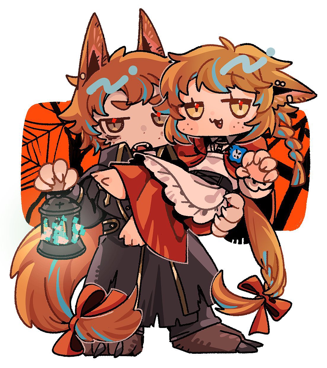 1boy 1girl :3 animal_ears animal_hands apron black_capelet black_coat black_pants blue_fire blue_hair brown_eyes brown_hair capelet chibi claw_pose claws coat collared_capelet dress ear_piercing ears_down fangs fingernails fire freckles full_body halloween hand_up hands_up highres holding holding_clothes holding_coat long_sleeves looking_at_viewer monster_boy multicolored_hair no_sclera one_armed_carry open_mouth orange_background orange_hair orange_ribbon original pants piercing red_dress ribbon rramarukun sharp_fingernails short_hair silk spider_web standing streaked_hair tail tail_ornament tail_ribbon torn_clothes white_background wolf_boy wolf_ears wolf_girl wolf_tail