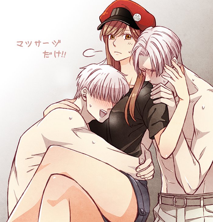 2boys aa-5100 abs bangs bare_chest belt black_shirt blush boy_sandwich breasts brown_eyes brown_hair cabbie_hat closed_eyes covered_eyes crossed_legs denim denim_shorts group_sex hair_over_eyes hat hataraku_saibou hetero hug long_hair medium_breasts misuki_op1155 mmf_threesome multiple_boys name_tag pants parted_bangs red_blood_cell_(hataraku_saibou) red_hat sandwiched shirt short_hair short_shorts shorts sigh sitting sweat sweatdrop t-shirt threesome translated u-2048 u-2626 white_blood_cell_(hataraku_saibou) white_hair