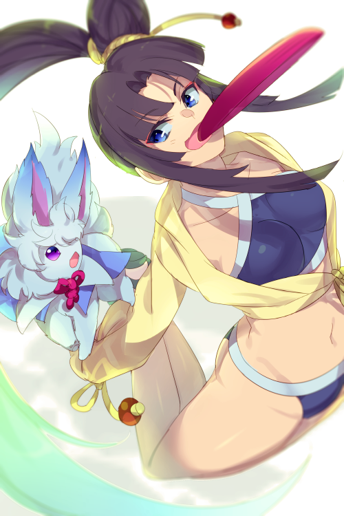 1girl animal bare_shoulders bikini black_hair blue_bikini blue_eyes breasts collarbone echo_(circa) fate/grand_order fate_(series) fou_(fate) frisbee hair_bun jacket long_hair long_sleeves medium_breasts mouth_hold navel open_mouth parted_bangs side_ponytail sidelocks single_side_bun smile swimsuit ushiwakamaru_(fate) ushiwakamaru_(swimsuit_assassin)_(fate) ushiwakamaru_(swimsuit_assassin)_(first_ascension)_(fate) very_long_hair yellow_jacket