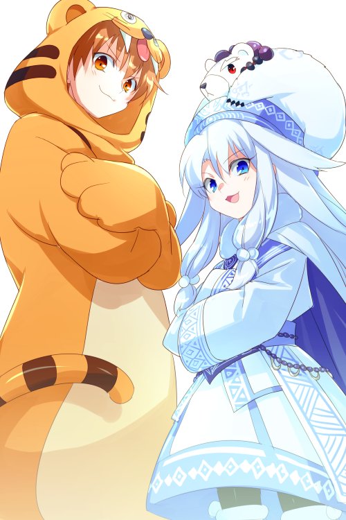 2girls ainu_clothes animal_costume animal_print bear black_pantyhose blue_eyes blue_hat breasts brown_eyes brown_hair cape crossed_arms echo_(circa) fate/grand_order fate_(series) fur_trim hair_flaps hair_ornament hat hood hood_up jaguarman_(fate) long_hair long_sleeves looking_at_viewer mittens multiple_girls open_mouth pantyhose polar_bear pom_pom_(clothes) pom_pom_hair_ornament sash shirou_(bear)_(fate) shirt sidelocks sitonai_(fate) sitonai_(third_ascension)_(fate) skirt small_breasts smile tail thighhighs thighhighs_over_pantyhose tiger_costume tiger_print white_cape white_hair white_shirt white_skirt white_thighhighs