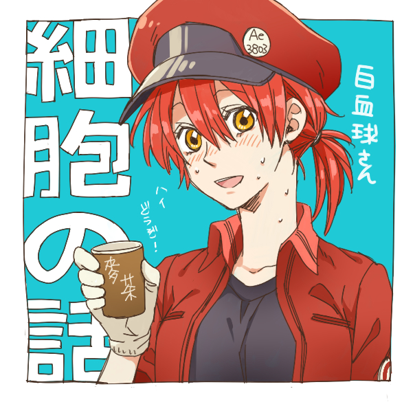ae-3803 alternate_hairstyle black_shirt blue_background blush cabbie_hat collarbone cup gloves hair_between_eyes hat hataraku_saibou jacket looking_at_viewer misuki_op1155 name_tag open_mouth partially_translated ponytail red_blood_cell_(hataraku_saibou) red_hair red_hat red_jacket shirt short_hair short_ponytail simple_background smile solo sweat t-shirt translation_request upper_body white_gloves yellow_eyes