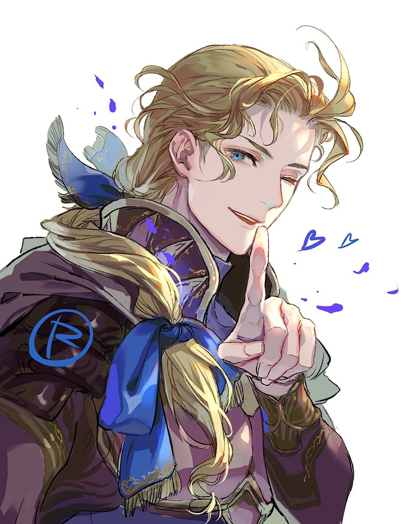 1boy ;d armor blonde_hair blue_eyes edgar_roni_figaro final_fantasy final_fantasy_vi finger_to_mouth gold_trim hair_over_shoulder hand_up heart index_finger_raised long_hair male_focus multi-tied_hair one_eye_closed open_mouth ponytail purple_armor simple_background smile solo suzuki_rika teeth upper_teeth_only white_background