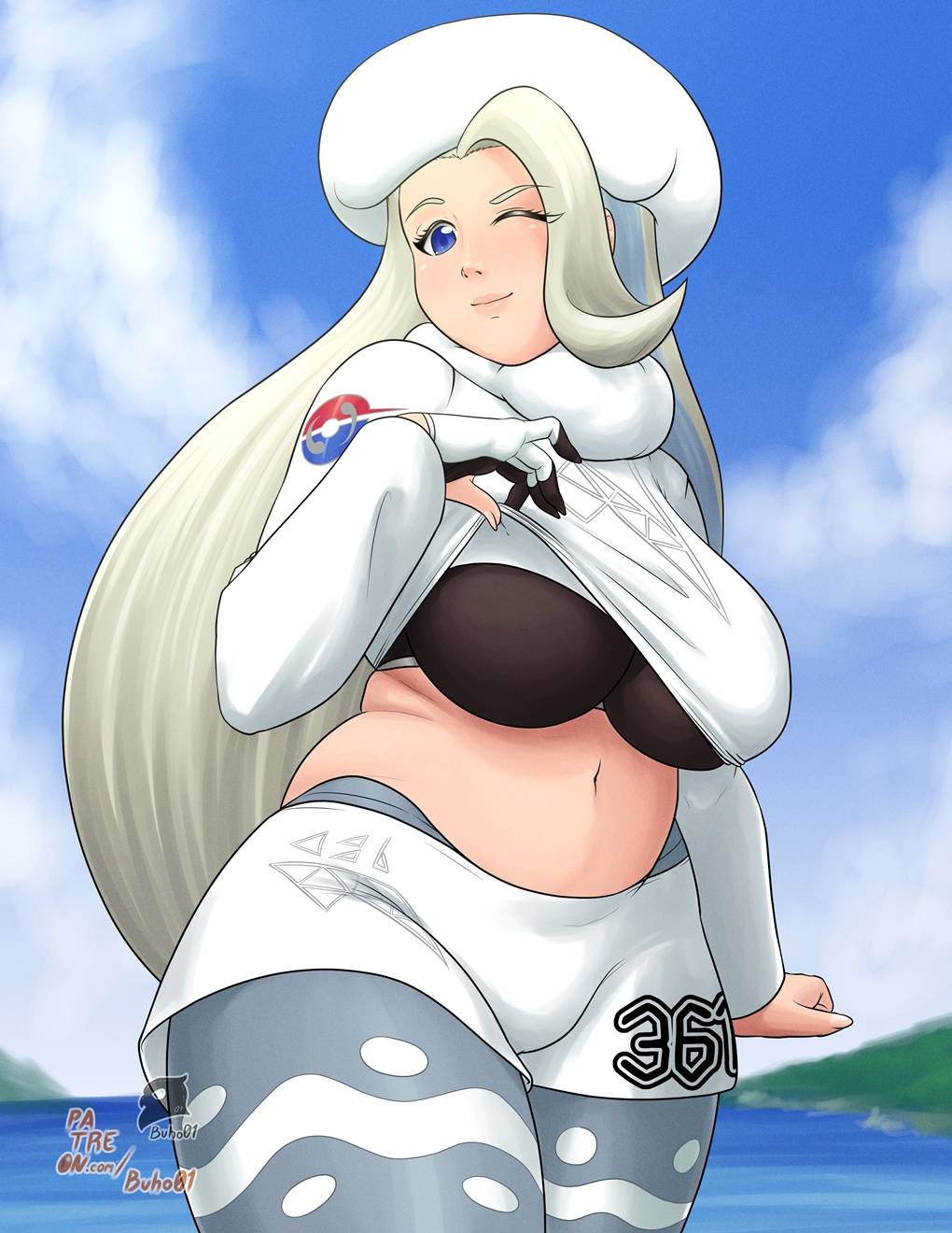 1girl artist_name black_bra blonde_hair blue_eyes bra breasts buho01 clothes_lift earrings fur_collar fur_hat gloves hat highres jewelry large_breasts long_hair long_sleeves mature_female melony_(pokemon) multicolored_hair one_eye_closed pantyhose_under_shorts pearl_earrings plump pokemon pokemon_swsh scarf shorts side_slit side_slit_shorts single_glove solo streaked_hair sweater sweater_lift underwear ushanka white_scarf white_sweater