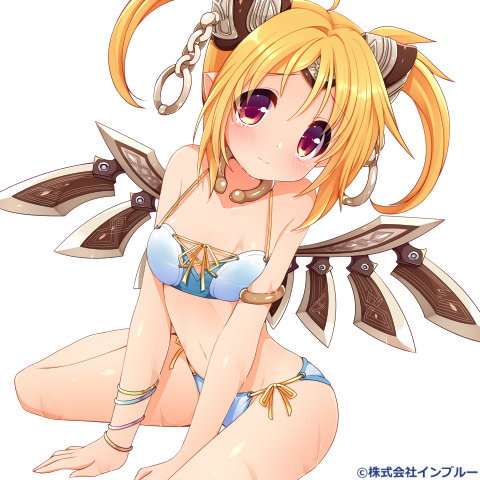 1girl alternate_costume armlet artificial_wings bare_shoulders bikini blonde_hair breasts brown_wings chain character_request choker cleavage closed_mouth commentary_request copyright_notice cross-laced_bikini cross-laced_clothes feet_out_of_frame hairpods hands_on_ground light_blush light_smile looking_at_viewer lowres mabinogi multiple_bracelets navel official_art pointy_ears red_eyes ribbon short_hair short_twintails small_breasts solo stomach swimsuit transparent_background twintails usamata white_bikini wings yellow_ribbon