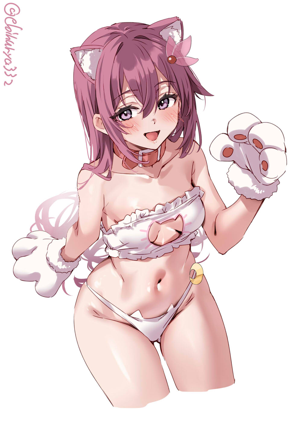 1girl animal_collar animal_ear_fluff animal_ears animal_hands blush bra breasts cat_cutout cat_ears cat_lingerie clothing_cutout collar cowboy_shot cropped_legs ebifurya gloves groin hair_between_eyes hair_ornament highres kantai_collection kisaragi_(kancolle) long_hair looking_at_viewer meme_attire navel one-hour_drawing_challenge open_mouth panties paw_gloves purple_eyes purple_hair simple_background small_breasts smile solo twitter_username underwear white_background white_bra white_gloves white_panties